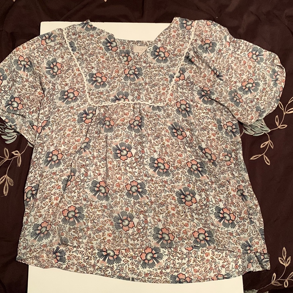 LOFT blouse, light colored with pink and green design